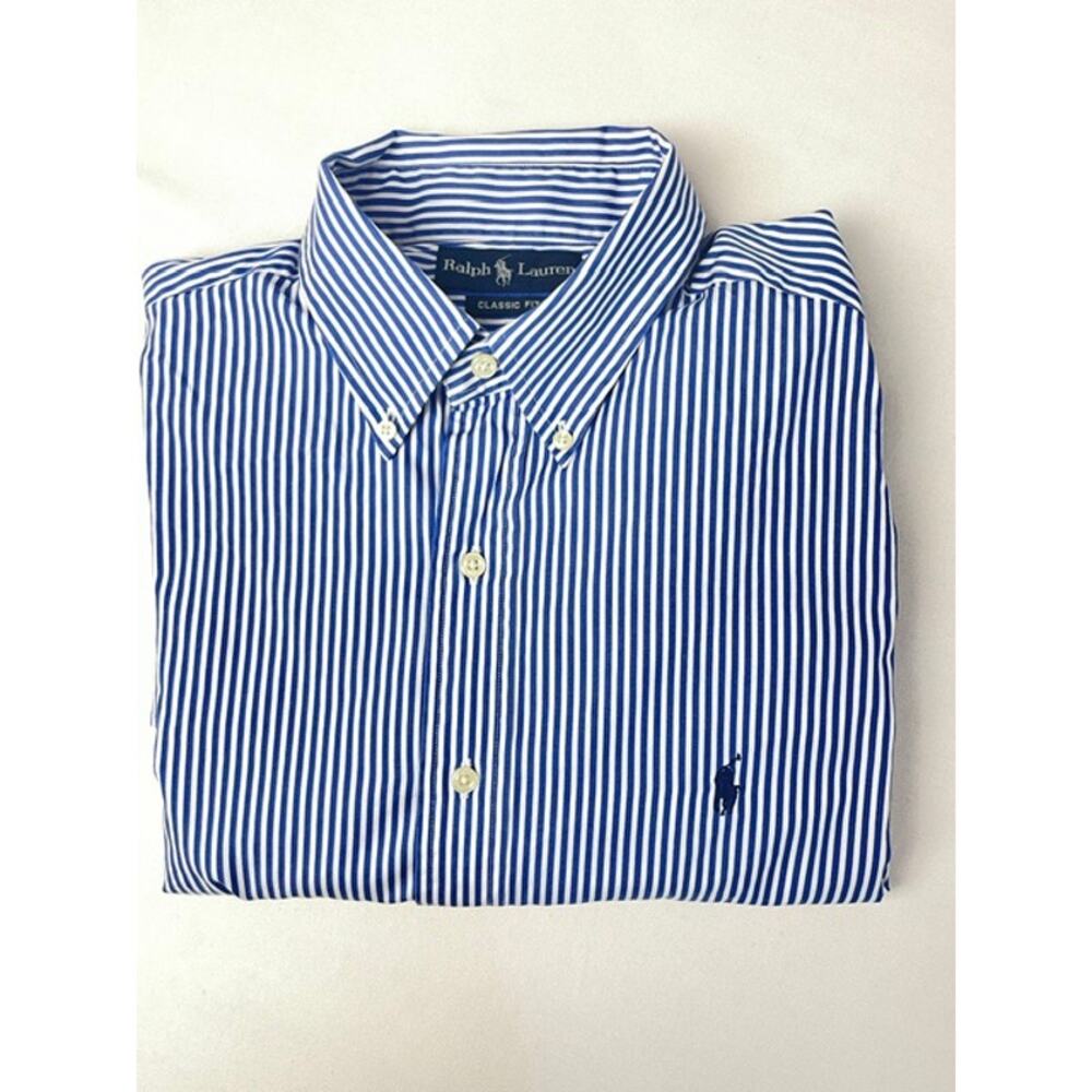Ralph Lauren Classic Fit Blue White Stripe Button Down Shirt Men 16.5 L